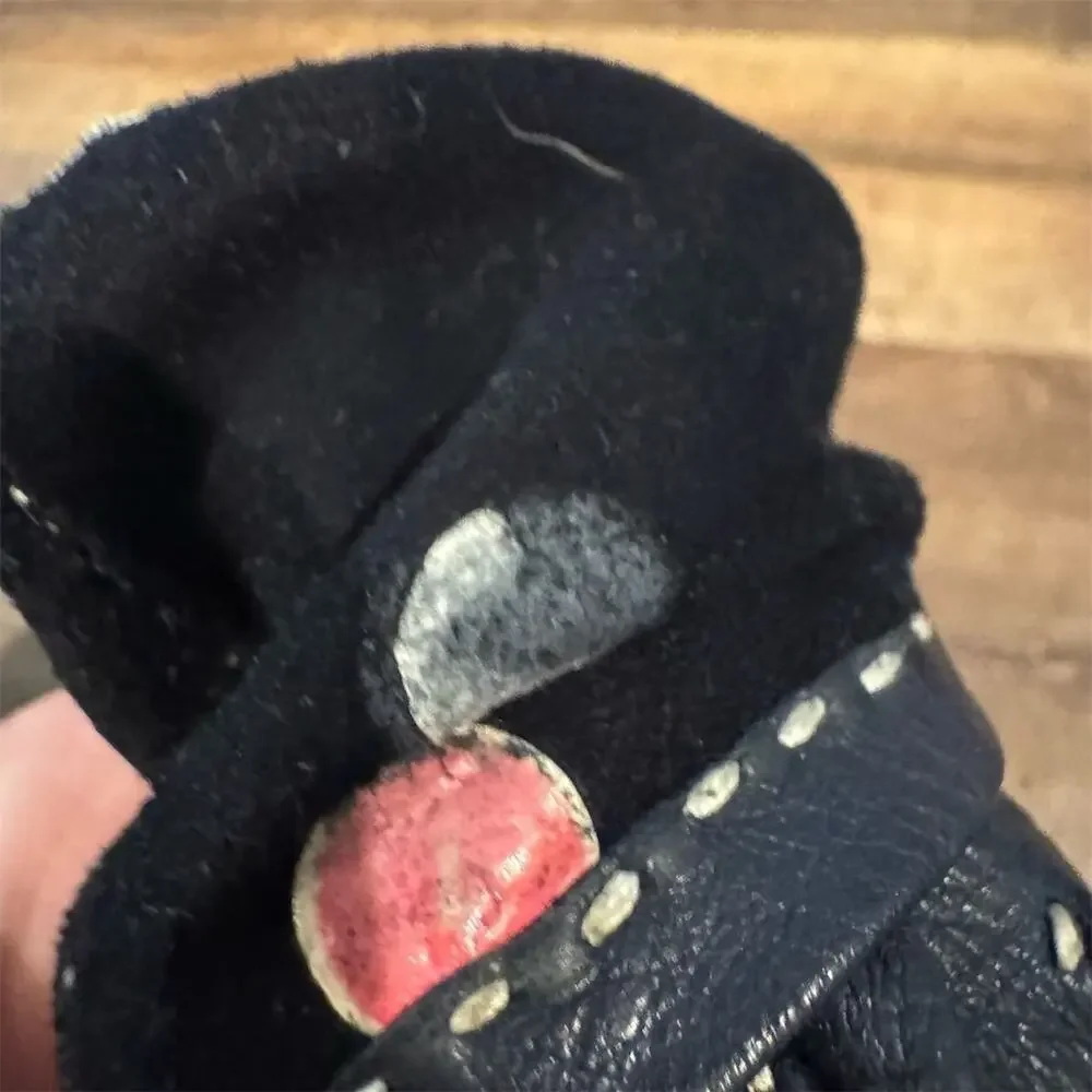 Small Vintage Navy Blue Leather Gloves White Trim Hand Stitch Wrist Length READ